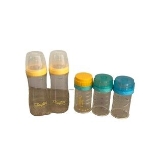 Vintage Playtex Drop In Nurser Baby Bottles 4oz 8oz Colorful Rings Caps Lot Of 5